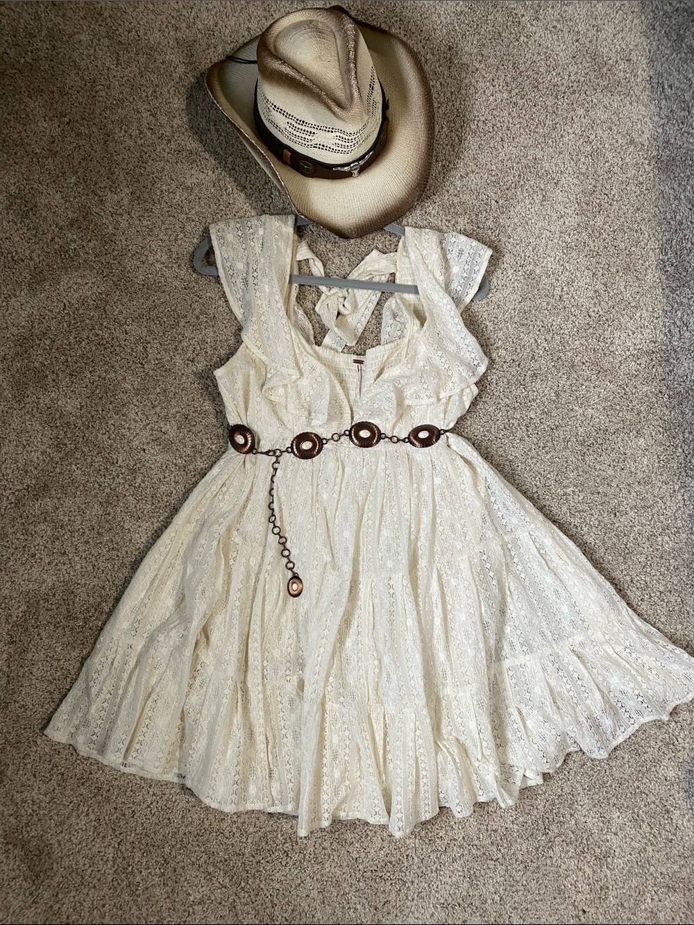 Western Cream Lace Mini Dress with Ruffled Neckline